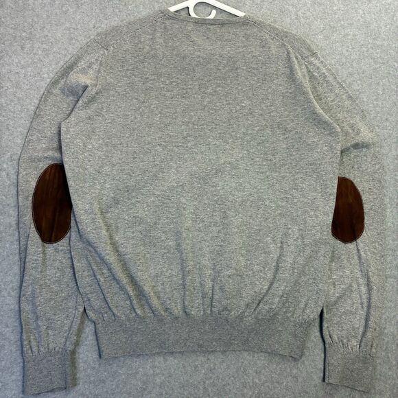 Carolina Herrera Cotton Sweater L Grey V Neck Leather Elbow Patch Classic Fit - Picture 7 of 7